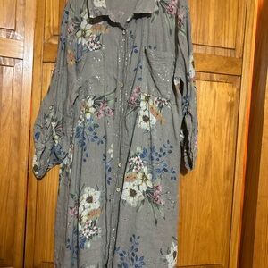 Floral Button-Front Linen Tunic in Taupe with Multicolor Blooms